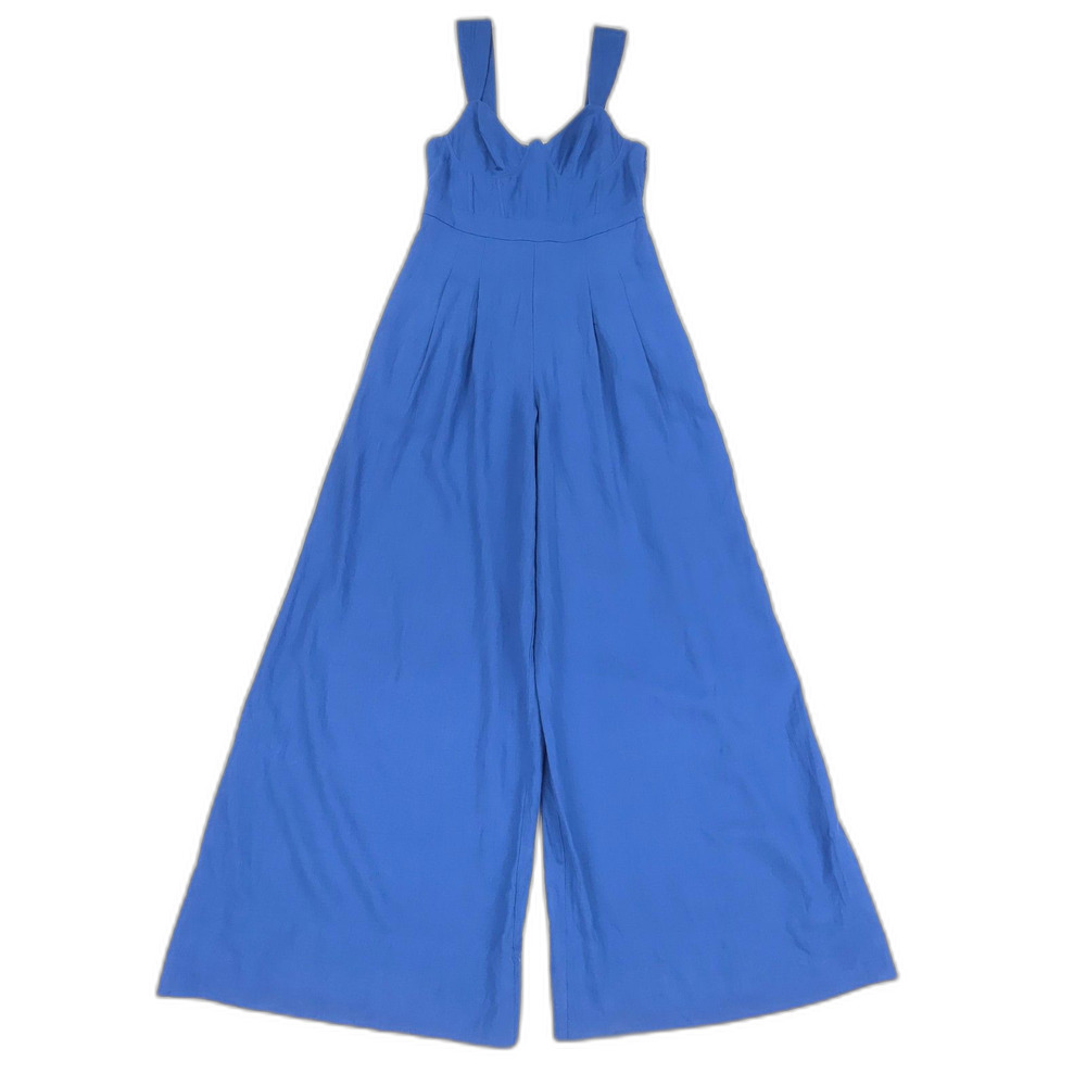 FARM Rio Blue Linen Pleated Wide-Leg Jumpsuit S